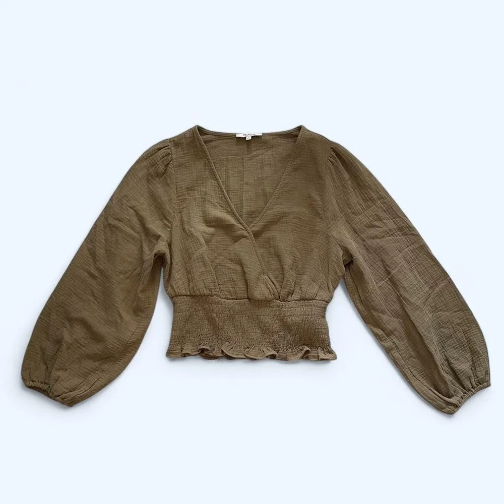 Olive green cotton v-neck blouse size M by Madewell